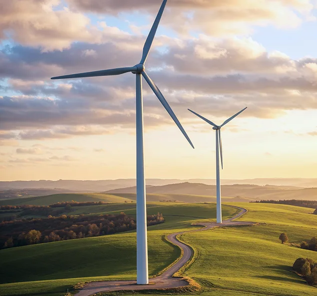 Windkraftanlagen in einer Landschaft als Symbol für umweltbewusste Transportprozesse