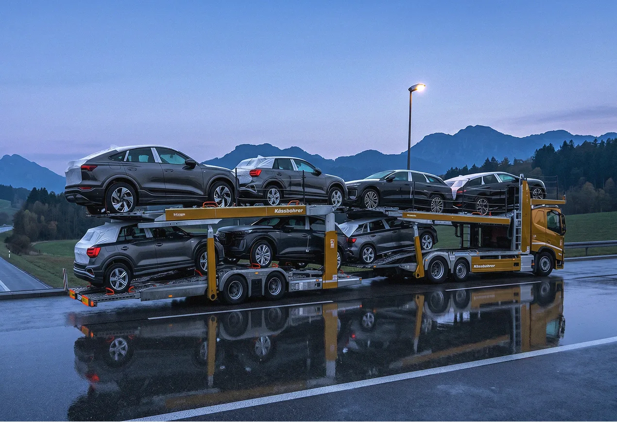 Autotransporter mit mehreren Fahrzeugen auf nasser Straße vor Berglandschaft bei Abenddämmerung